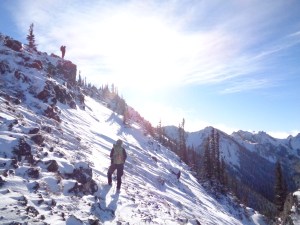 Looking up at Woody at the top of one Welch's Peak (almost)