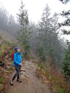 Lee tries to catch snowflakes on her tongue