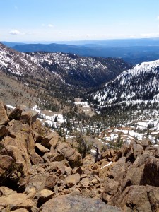 Looking down a scramble at the valley below