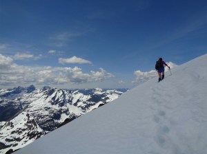 Shelby just below a cornice on the ridge