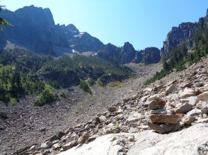 First boulder field/talus slop - aim for the patch of trees on the right