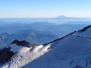 Looking down on Muir from Cathedral Gap, Adams in the background