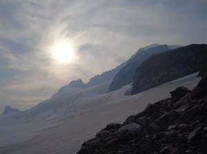 Eldorado from camp through haze and wispy clouds