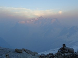 Mt. Forbidden and Moraine Lake hidden by haze